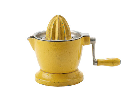 Old yellow metal manual juicer with a crank and textured isolated transparent background image
