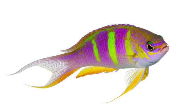 Vibrant yellowtail snapper fish with striking purple green and orange stripes, isolated on transparent background for marine biology studies
