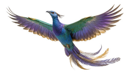 Obraz premium Majestic iridescent peacock in full flight displaying vibrant blue green purple and gold plumage, isolated on transparent background for design elements