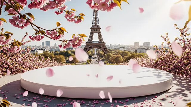 Elegant White Circular Stage Framed by Pink Flower Arches with Eiffel Tower in Background