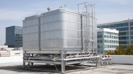 Obraz premium Large stainless steel industrial water storage tank with complex piping system on a rooftop
