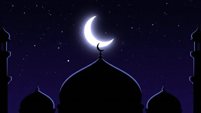 Crescent Moon over Mosque Silhouette at Night.