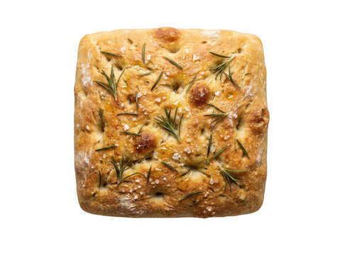Tasty golden baked herb focaccia bread with sea salt isolated transparent background image