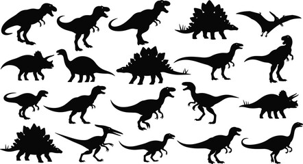 Dinosaur silhouettes featuring Tyrannosaurus, Stegosaurus, Triceratops, Pterodactyl, Sauropods vector illustration for prehistoric wildlife, education, design, art, and creative projects © MdForad