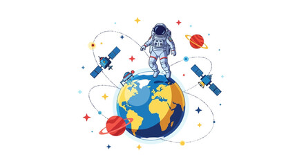 Illustration of an astronaut standing on Earth with satellites orbiting around it, celebrating International Day of Human Space Flight in outer space with a colorful galaxy background. © DIAHIMAGESNEW