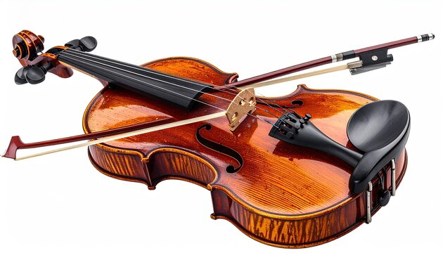 A close-up of a wooden stringed instrument with its bow resting across it