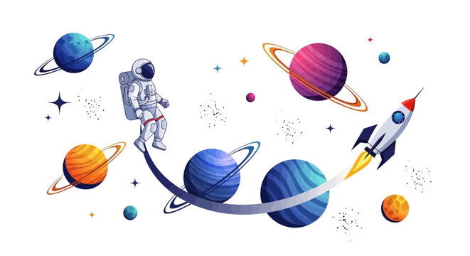 Illustration of an astronaut floating amidst colorful planets, stars, and a rocket ship on International Day of Human Space Flight with a vibrant, outer space background.