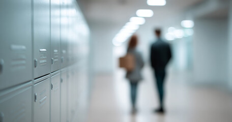 Fototapeta premium Blurred people walking in school hallway