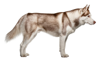 Reddish brown Siberian husky dog standing alert displaying fluffy fur and amber eyes, isolated on transparent background for animal portraits © Solene