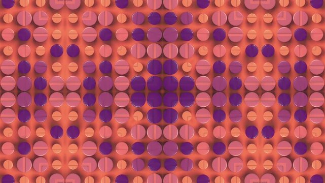 Symmetrical 3D animation with a pulsating pattern of pills in coral and purple tones. Seamless looping graphics with rhythmic changes in lighting and volume. Perfect for design
