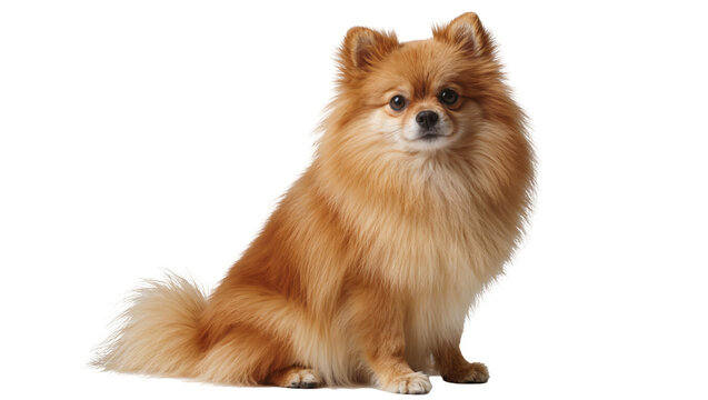 Fluffy reddish-brown Pomeranian dog sitting attentively showcasing its dense fur and alert expression, isolated on transparent background for pet portraits
