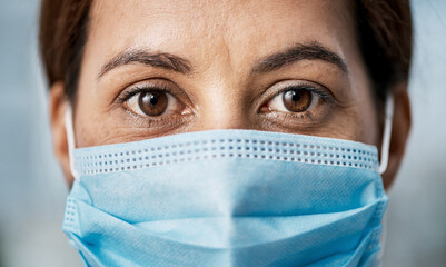 Nurse, safety and woman with mask in closeup for clinic policy, germ prevention or infection...