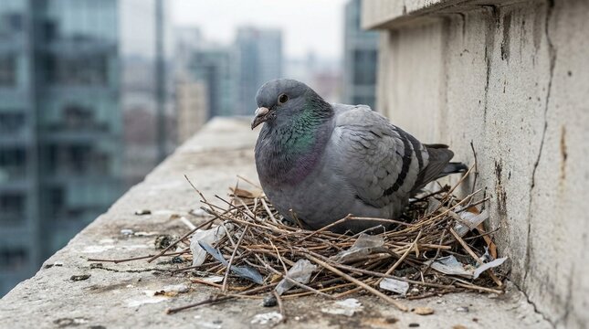 Pigeon sitting in a nest on a balcony ledge in an urban environment  