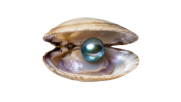 Iridescent open seashell cradling a luminous teal pearl showcasing intricate textures and subtle color gradients, isolated on transparent background for jewelry designs