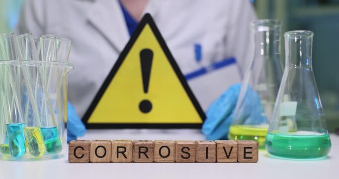 Wooden blocks spell word Corrosive near risk sign and lab glassware. Technician checks flasks handling chemicals with gloves for safety protocol