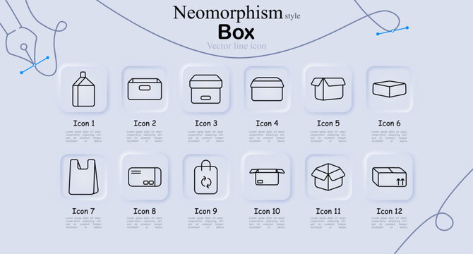 Box set icon. Bottle container, storage case, closed, open, package carton, flat box,plastic, delivery card, recycle bag, shipping box, parcel container, package symbol line icons