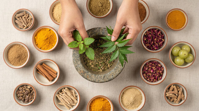 Top view of ayurvedic herbs and spices arranged around mortar and pestle, hands preparing natural remedies, showcasing holistic wellness, traditional medicine, organic ingredients and healing practice