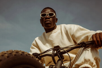 African man cycling wearing fashionable sunglasses outdoors