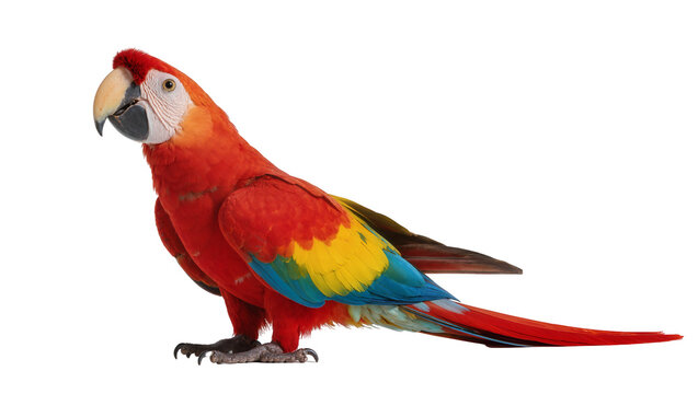 Vibrant scarlet macaw parrot with yellow blue and green plumage, perched gracefully and isolated on transparent background for tropical designs
