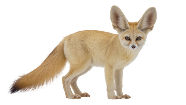 Adorable Fennec Fox cub with large ears and fluffy tail standing alert and curious, isolated on transparent background for animal designs