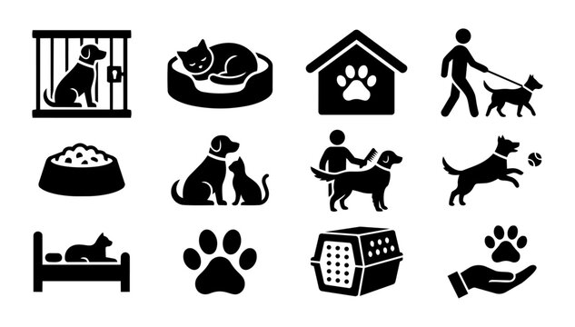 Pet Boarding Silhouette Icons Set &ndash; Dog and Cat Care, Animal Hotel, Grooming and Pet Service Collection