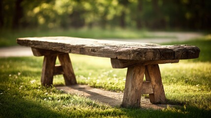 Fototapeta premium A weathered, rustic oak slat bench with visible grain sits in a sun-dappled outdoor setting