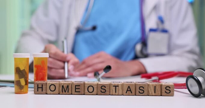 Wooden blocks spell word Homeostasis near prescription bottles and stethoscope. Doctor writes chart notes reviewing vitals to balance functions