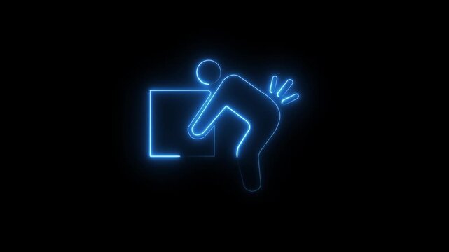 Animated blue neon silhouette of a person lifting a heavy box with their back bent, symbolizing strain and injury, on a dark background.
