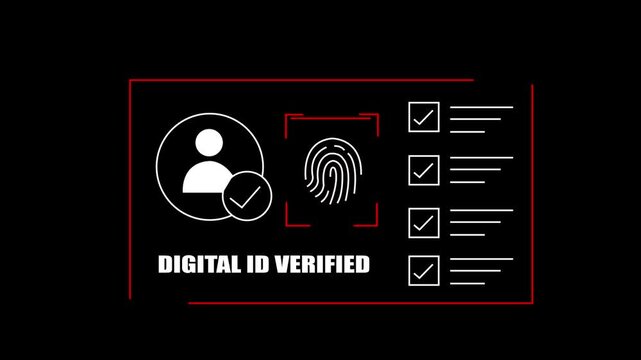 Digital identity verification animation featuring a fingerprint scan and a user profile icon with a confirmed checkmark and task list, a concept for security and authentication, abstract motion graphi