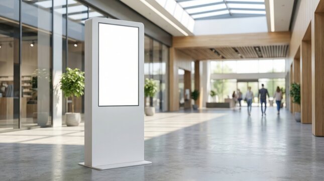 blank white digital signage totem mockup in a spacious modern shopping center corridor with blurred shoppers, white screen with banner copyspace, concept of retail, marketing, mall