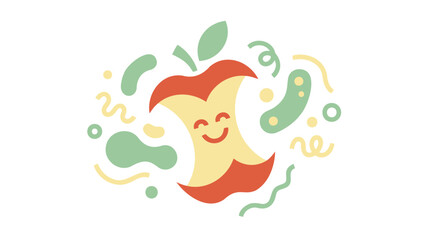 Obraz premium A happy cartoon apple core surrounded by abstract green and yellow organic shapes on a white background, representing food waste or composting.