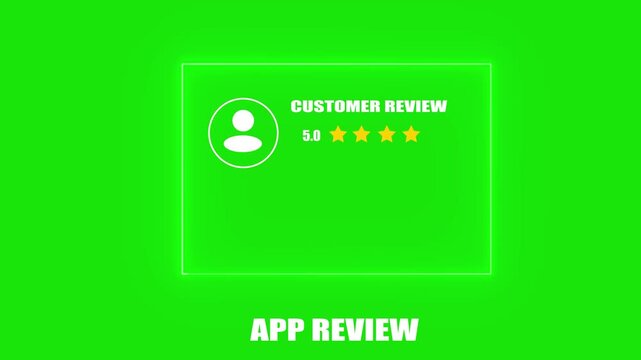 Neon animated app review interface displays customer feedback with a perfect 5-star rating and user profile icon on a vibrant green background loop.