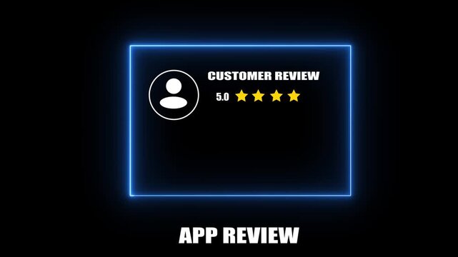 A vibrant blue neon glowing customer review card animation, highlighting a perfect 5.0 five-star rating with user icon and text lines, creating an impactful looping digital feedback display.
