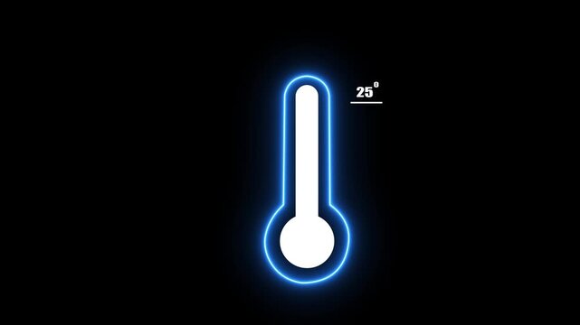 A vibrant blue neon thermometer animation showcasing dynamic temperature shifts with a glowing white scale, perfect for digital infographics, climate data, and health monitoring, a seamless loop.