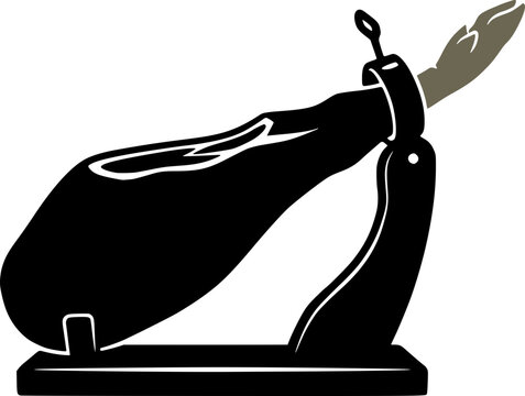 silhouette vector illustration of a Spanish Iberian ham on a traditional wooden holder (jamonera). Gourmet food and tapas concept.
