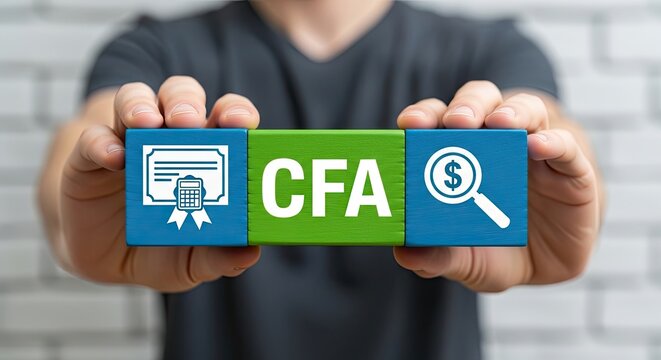 A person's hands hold blue and green blocks displaying a certificate icon, CFA text, and a magnifying glass with dollar sign icon.