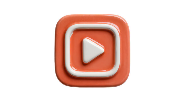 Glossy orange play button icon with rounded edges and subtle reflective highlights, isolated on transparent background for website design elements