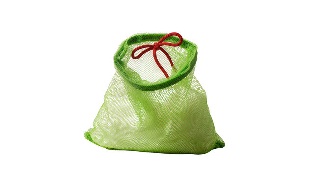 Light green mesh produce bag with red drawstring closure, elegantly crafted and isolated on transparent background for grocery marketing