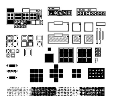 Pixel art game UI kit in retro monochrome style featuring equipment, attributes, inventory and menu screens, icon, item slot, stat panel and interface element for RPG or dungeon games