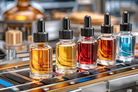 Essential oil bottles on a production line with colorful liquids and glass dropper tops in factory