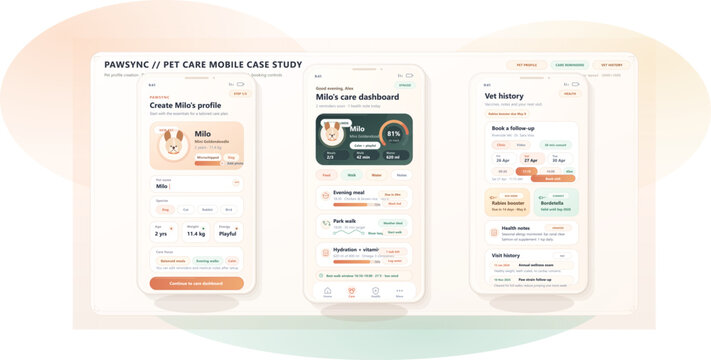 Mobile app design process for pet care management focusing on user profile and dashboard features