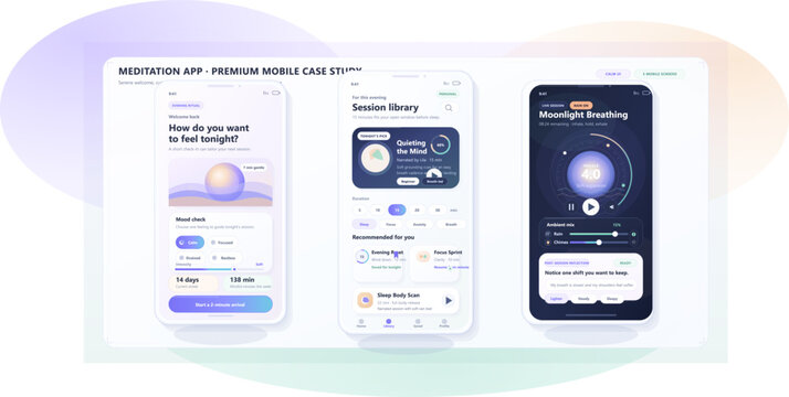 Premium mobile case study for meditation app showcases user interface and features with interactive design elements