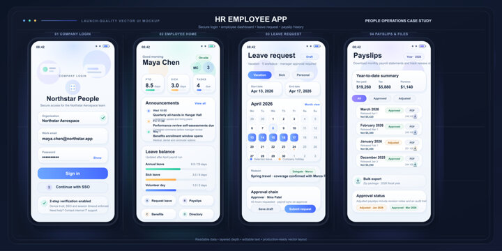 HR employee app interface shows features for announcements, leave requests, and payslips for Northstar Aerospace