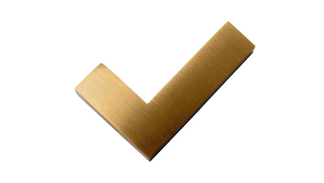 Metallic gold checkmark symbol brushed texture angled design, isolated on transparent background for website approval icons