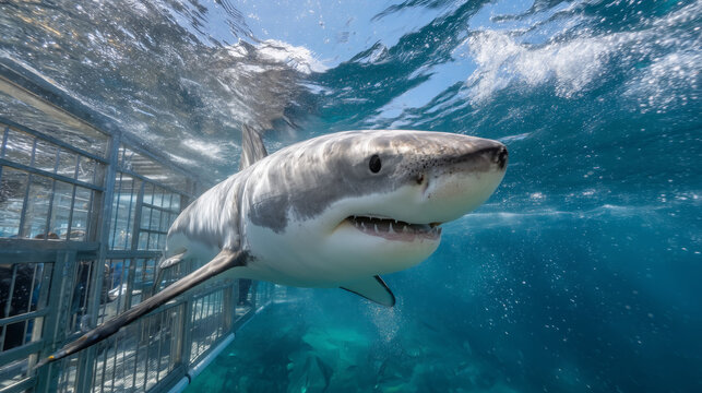 Great white shark swimming beneath cage free tourists in crystal clear water demonstrating peaceful coexistence when humans show respect, perfect for responsible ecotourism marketing materials, and 