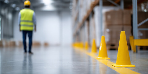 Warehouse safety cones with worker in background