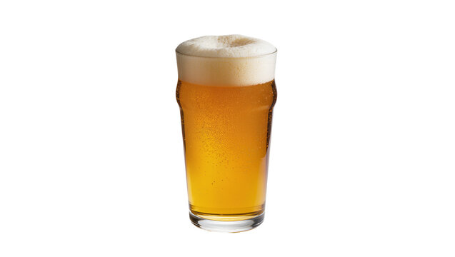 Tall pint glass filled with golden amber beer topped with a thick foamy head, isolated on transparent background for beverage advertising