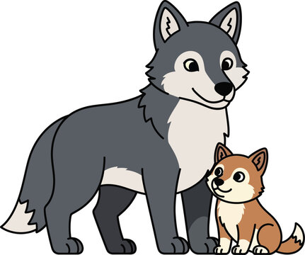 Friendly cartoon wolf and happy small dog together