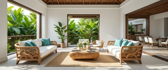 Fototapeta premium Luxurious Tropical Villa Living Room with Lush Greenery View.