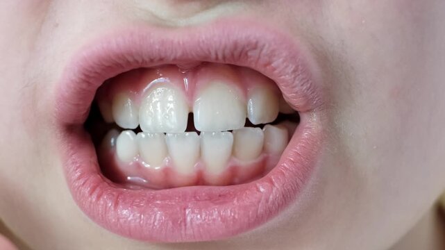 Close-up childs mouth showing clean white molars teeth with gap and healthy gums. Caucasian kid face with closely spaced teeth. Ten year age Diphyodont. Malocclusion, tooth on tooth. Plaque on enamel.